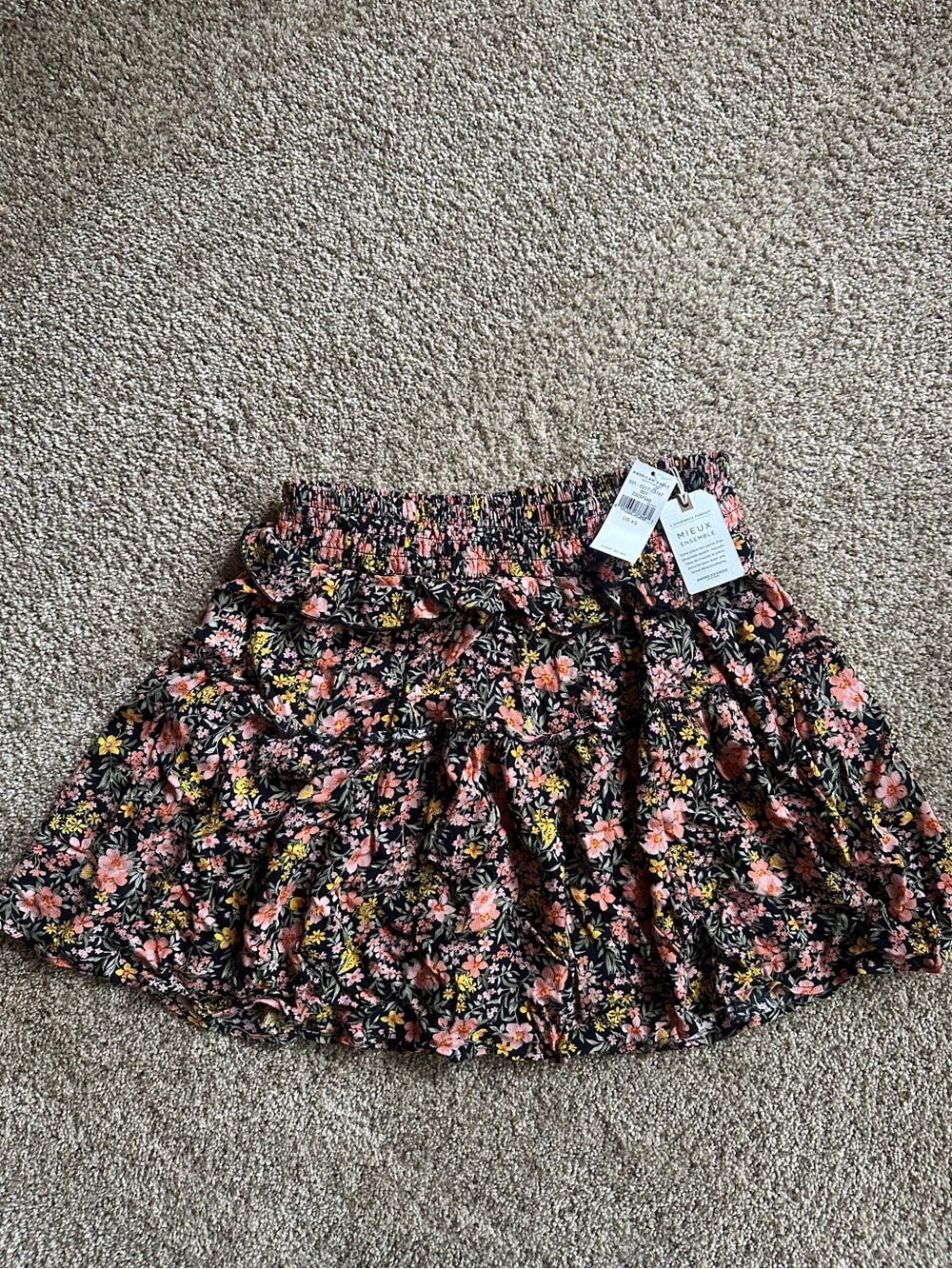 Floral Tiered Mini Skirt in Black with Pink & Yellow Flowers